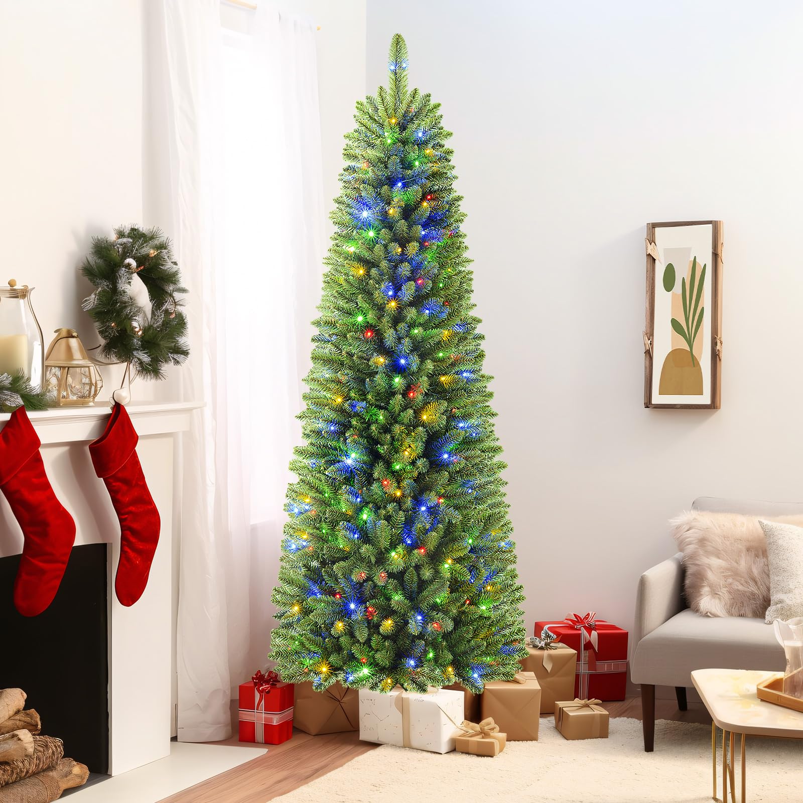 6ft Warm White & Multi-Color Lights Prelit Artificial Slim Pencil Christmas Tree with Remote - SHareconn