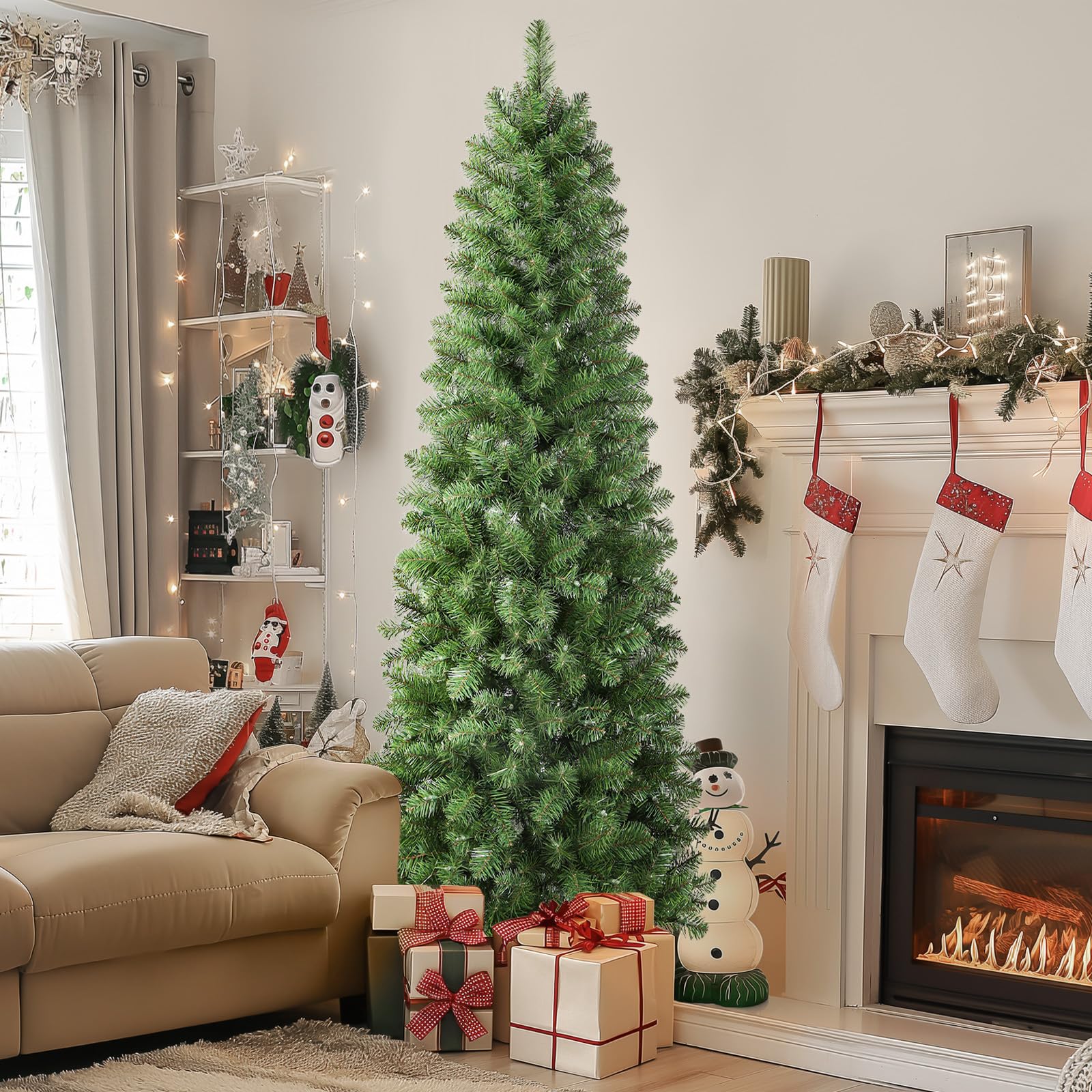 SHareconn 5ft Artificial Hinged Slim Pencil Prelit Christmas Tree with Lights, Warm White Light, The Perfect Choice of Decorations for Xmas Holiday, 5 Foot Pre Lit Christmas Tree, Green - SHareconn