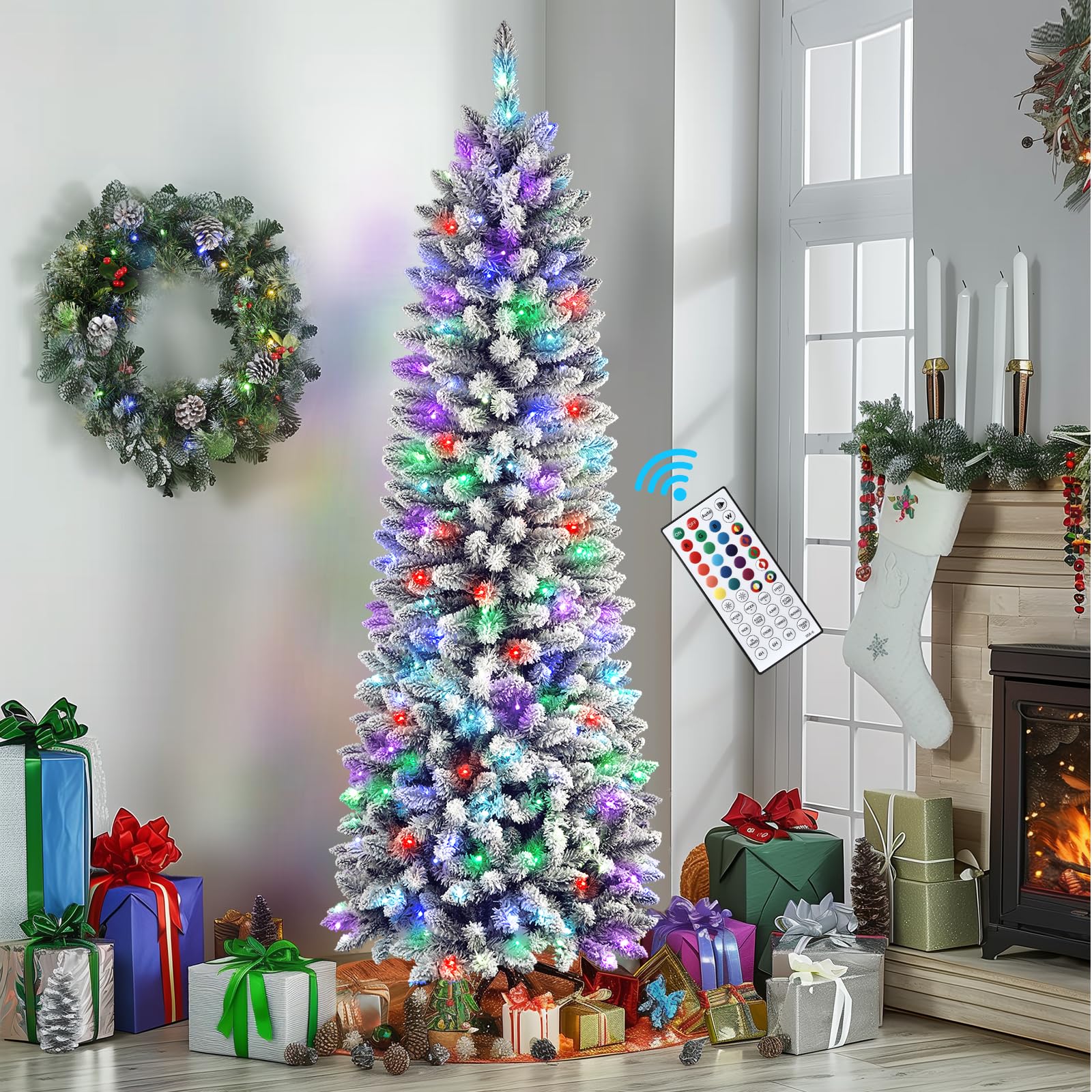 SHareconn 7.5ft Prelit Snow Flocked Artificial Hinged Slim Pencil Christmas Tree, with Remote Controlled Multi-Color RGB Lights, Full Branch Tips,Good Choice Decoration for Xmas Holiday,7.5 FT, Green - SHareconn