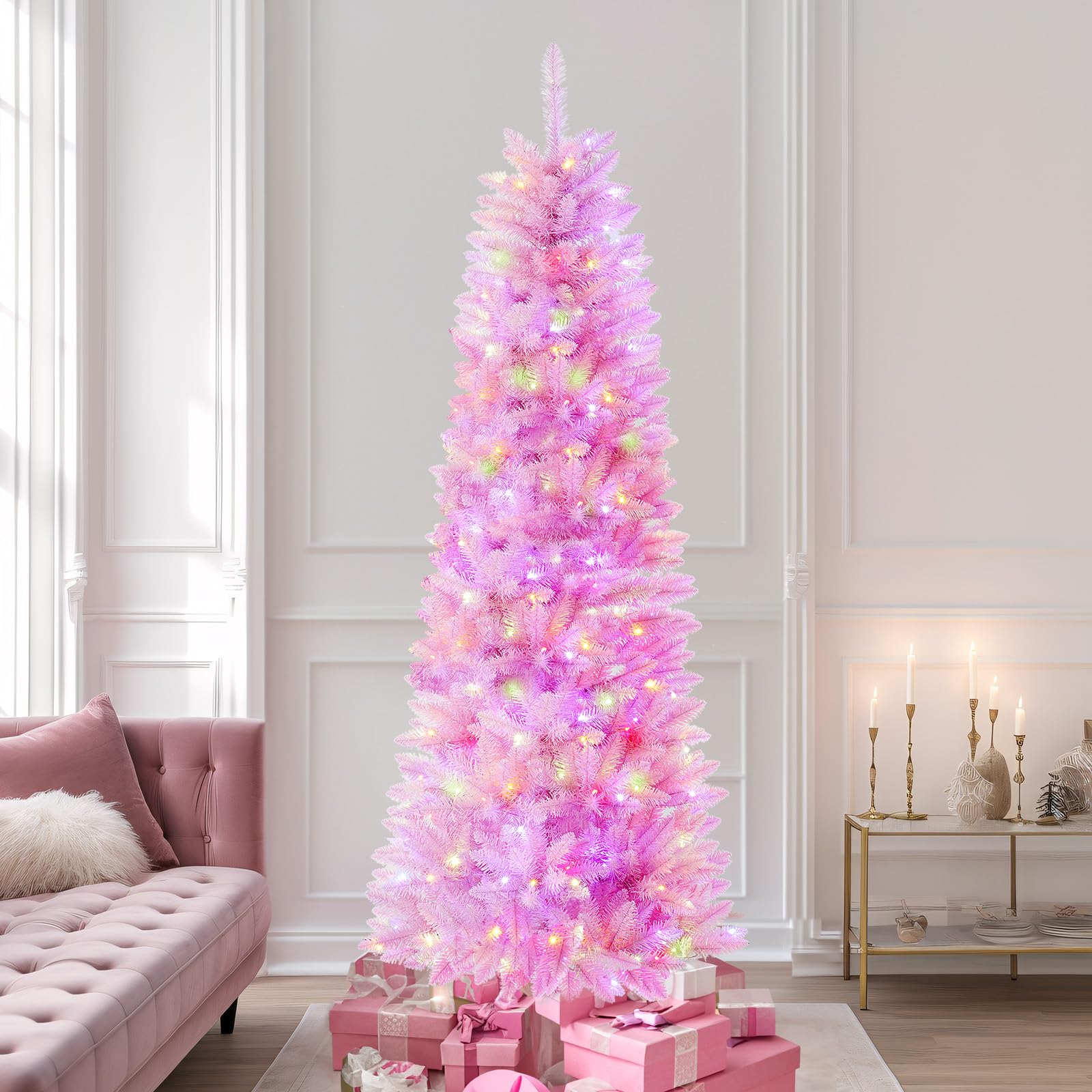 SHareconn 6ft Premium Prelit Artificial Hinged Slim Pencil Christmas Tree with Remote Control, 240 Warm White & Multi-Color Lights, Full Branch Tips, First Choice Decorations for X-mas, 6 FT, Pink - SHareconn