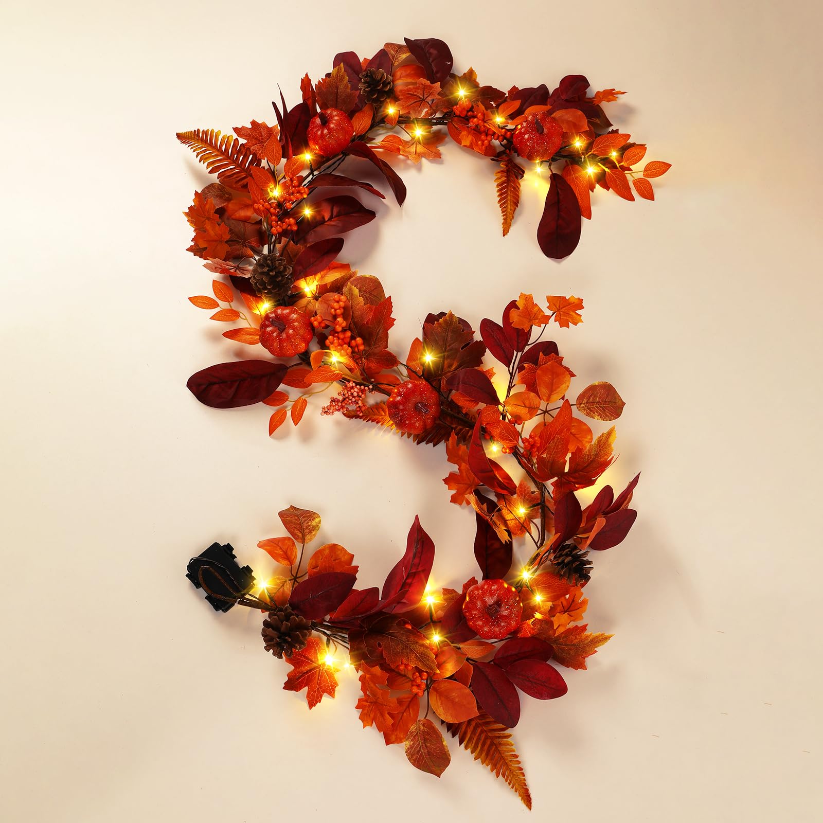 6FT Autumn Pumpkin & Maple Leaves Garland with Prelit 30 LED Lights [Warm White & Orange] - SHareconn