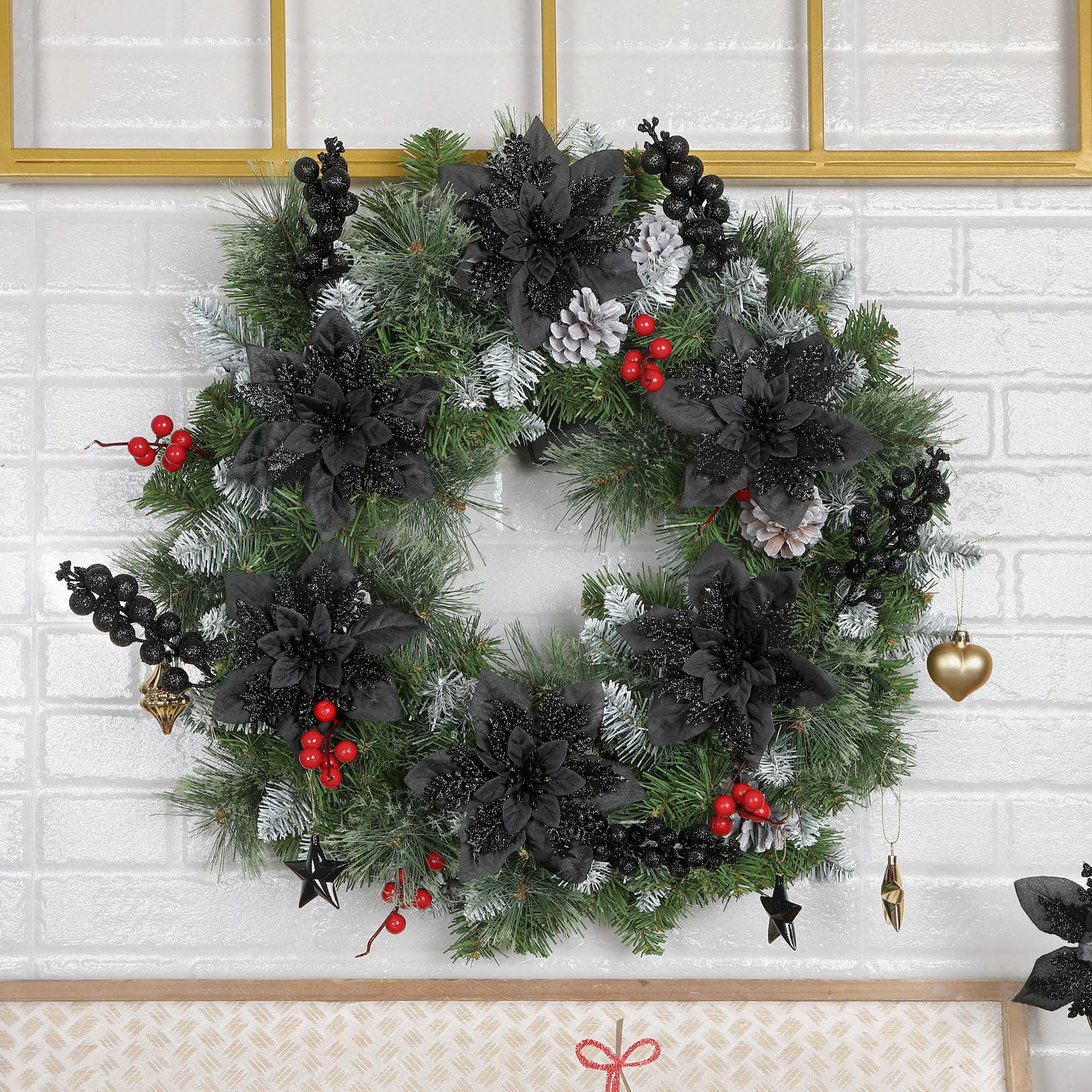 24 Pcs Black Boxed 12Pcs Poinsettias Artificial Christmas Flowers+12Pcs Holly Berry Stems for Christmas Tree Decor