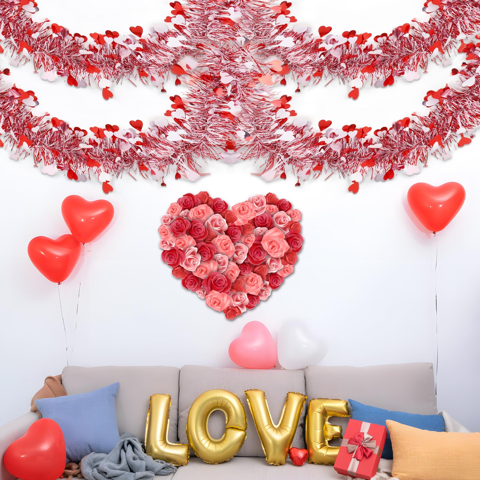 6 Pieces Total 50 FT Valentines Day Heart Tinsel Garland, Metallic Shiny Twist Valentine Garlands Hanging Decorations for Wedding Party Indoor and Outdoor Decor, Red Pink and White