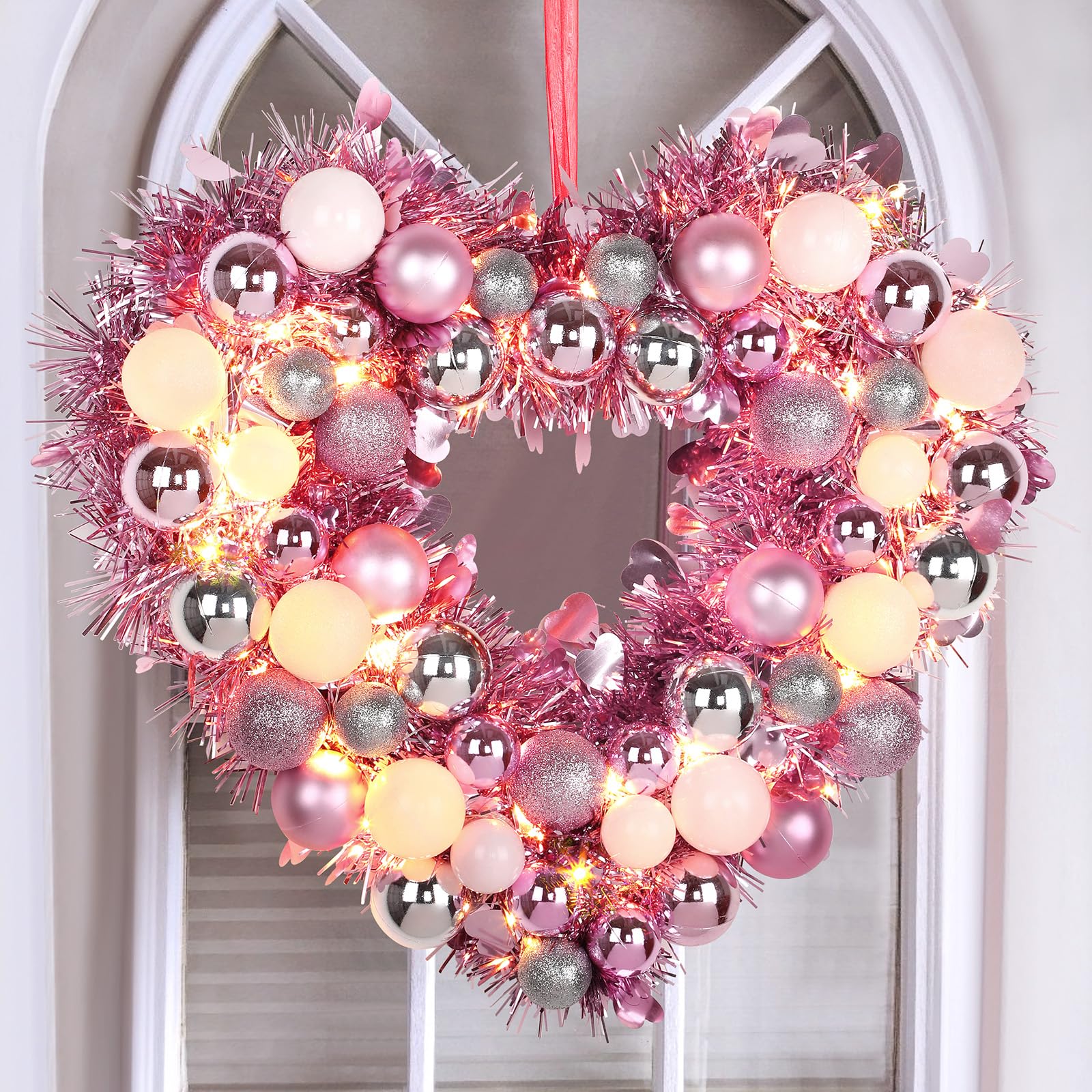 14" Inch Valentine Heart Wreath with Bowknot and Lights by Batteries Operated for Front Door Wall Windows Valentine's Day Wedding Party Romantic Decorations,Gifts for Her/Him/Women/Men, Pink