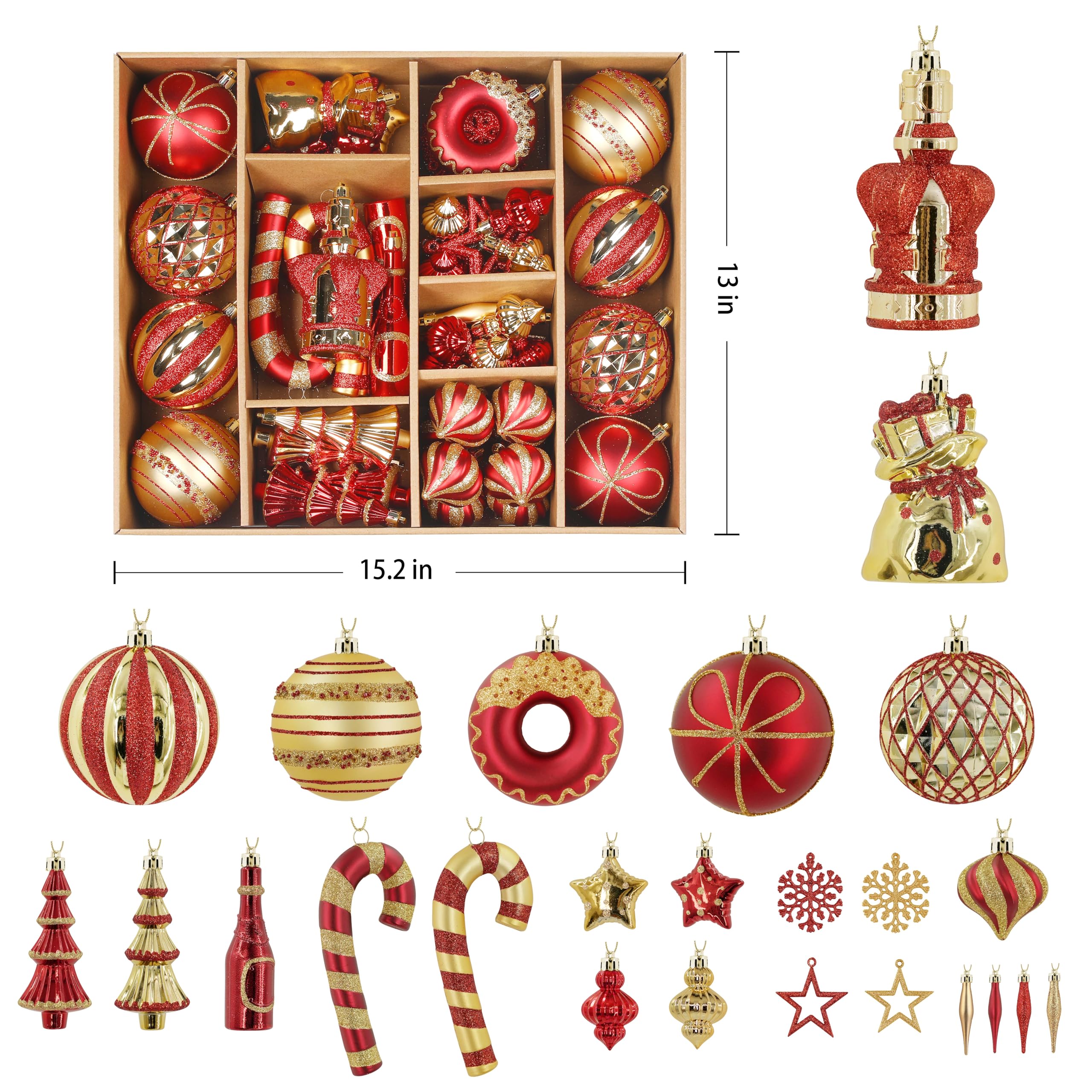 70 Pcs Red and Gold Snowflakes, Five-pointed Stars, Canes Christmas Ball Ornament Set