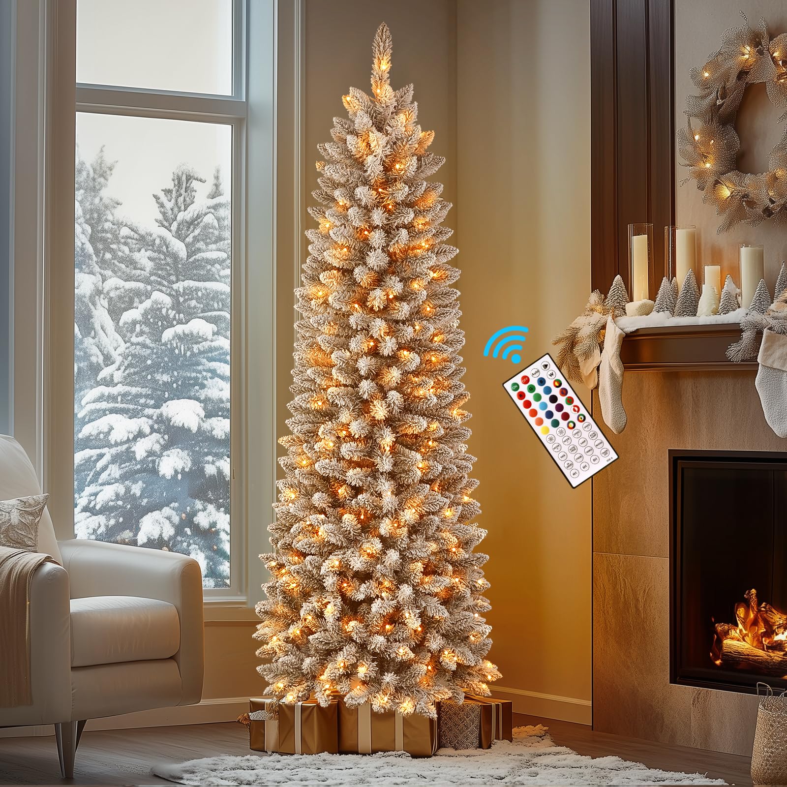 Pre-Lit Snow Flocked Artificial Pencil Christmas Tree discount