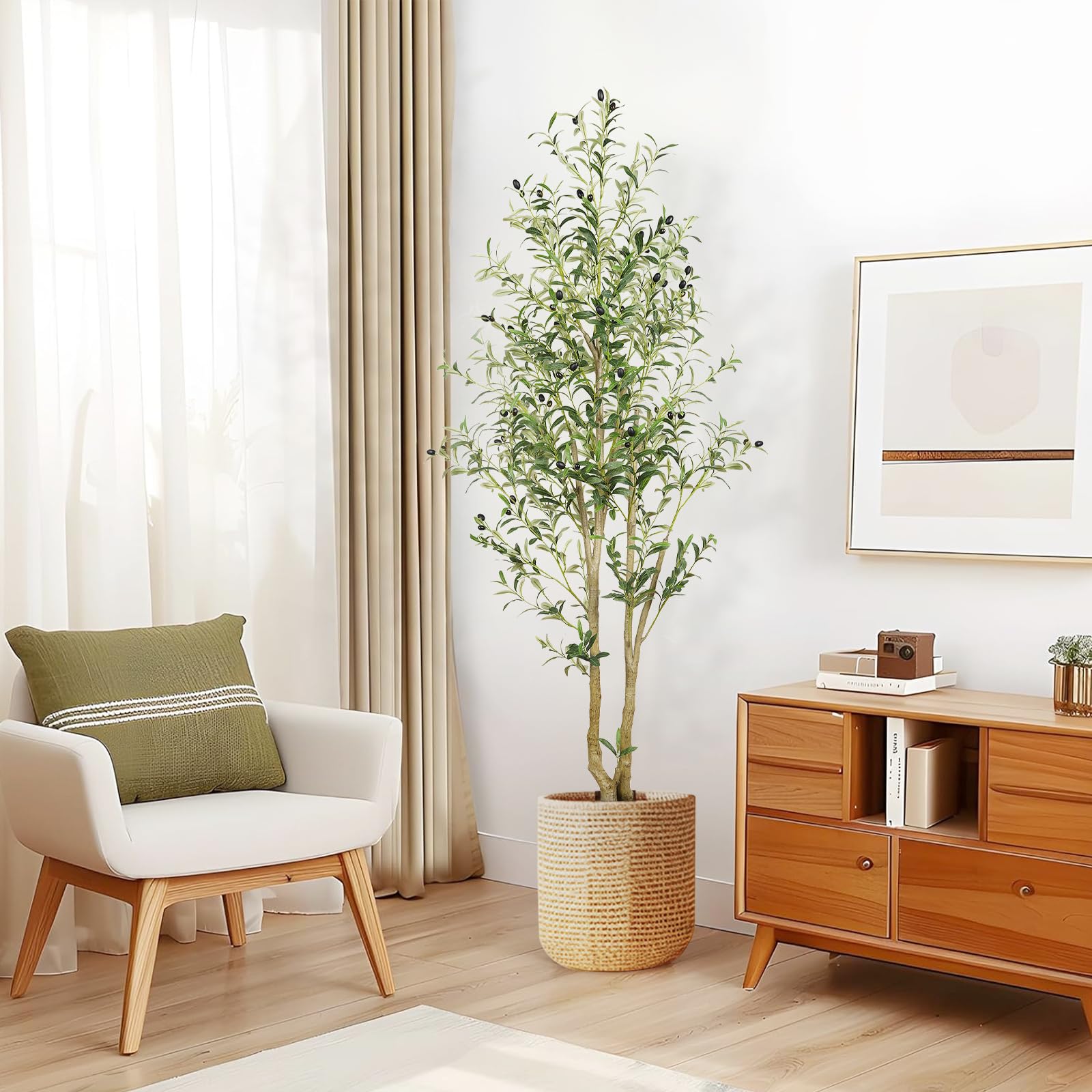 6ft Artificial Olive Tree Faux Silk Plant with Lively Artifical Wood Trunk and Lifelike Fruits