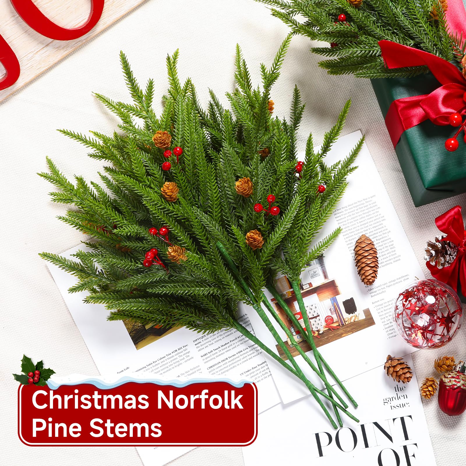 12PCS 17" Artificial Norfolk Pine Branches Decorations, Fake Cedar Stems with Pine Needle&Cone&Berry for Home/Holiday/Party