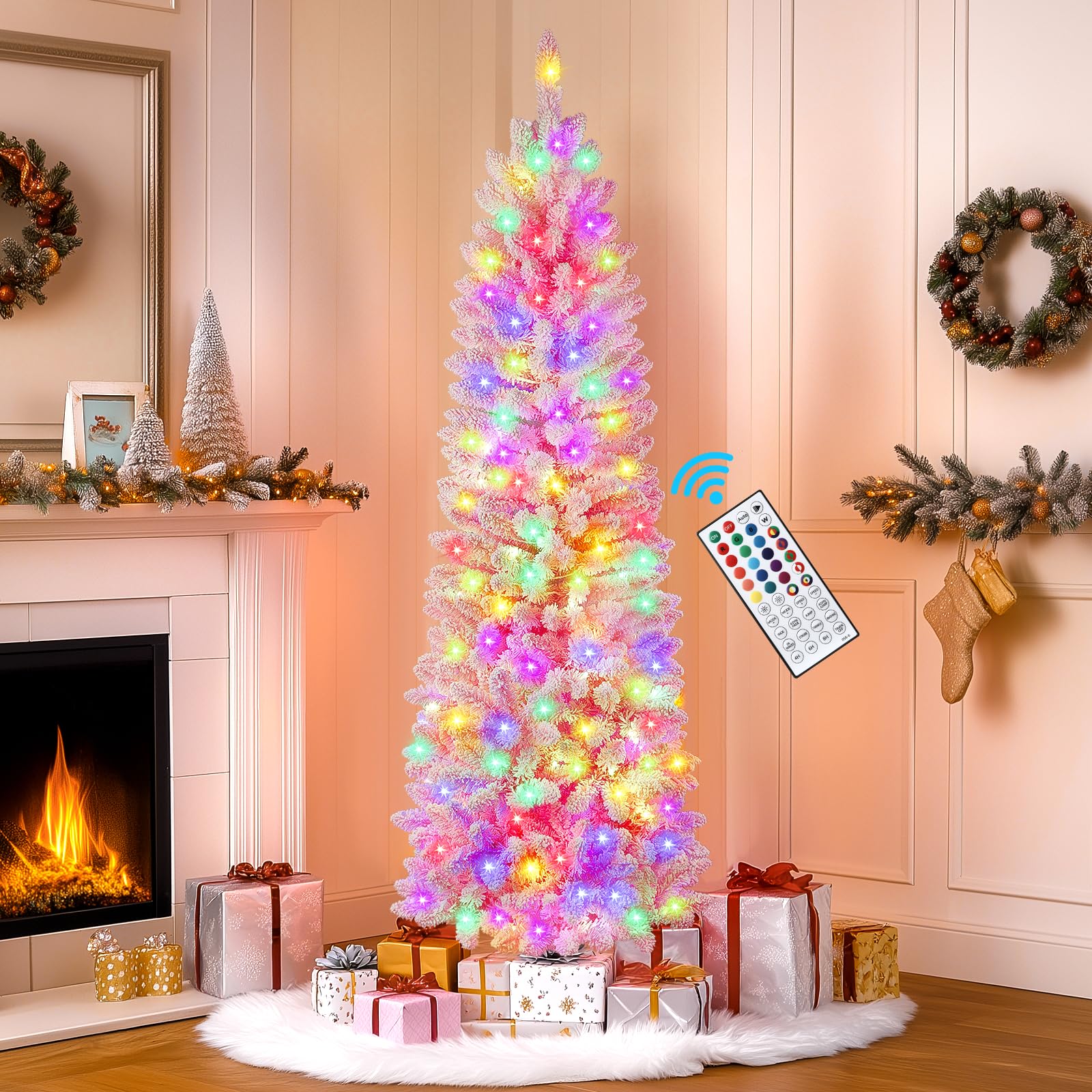 SHareconn 5ft Prelit Snow Flocked Artificial Hinged Slim Pencil Christmas Tree, with Remote Controlled Multi-Color RGB Lights, Full Branch Tips, Perfect Choice Decoration for Xmas Holiday, 5 FT, Pink - SHareconn