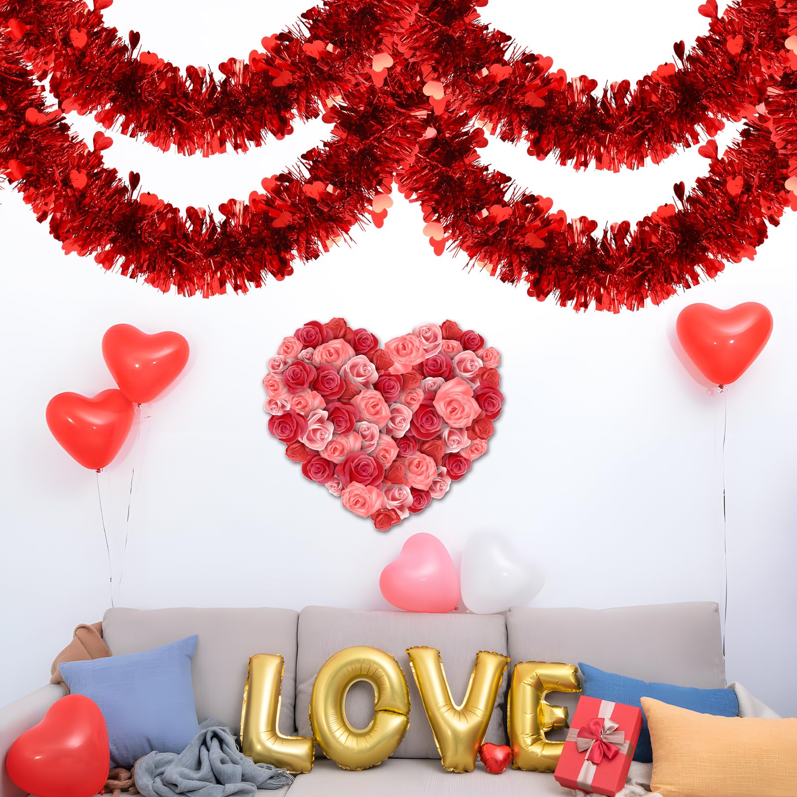 6 Pieces Total 50 FT Valentines Day Tinsel Garland with Heart Sequins, Metallic Shiny Twist Valentine Garlands Hanging Decorations for Wedding Party Indoor and Outdoor Decor, Red